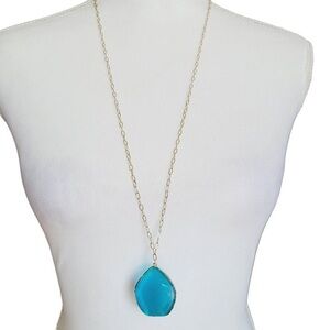 14th & Union 31" Necklace Blue Moonglow Glass Pendant Gold Tone Layering